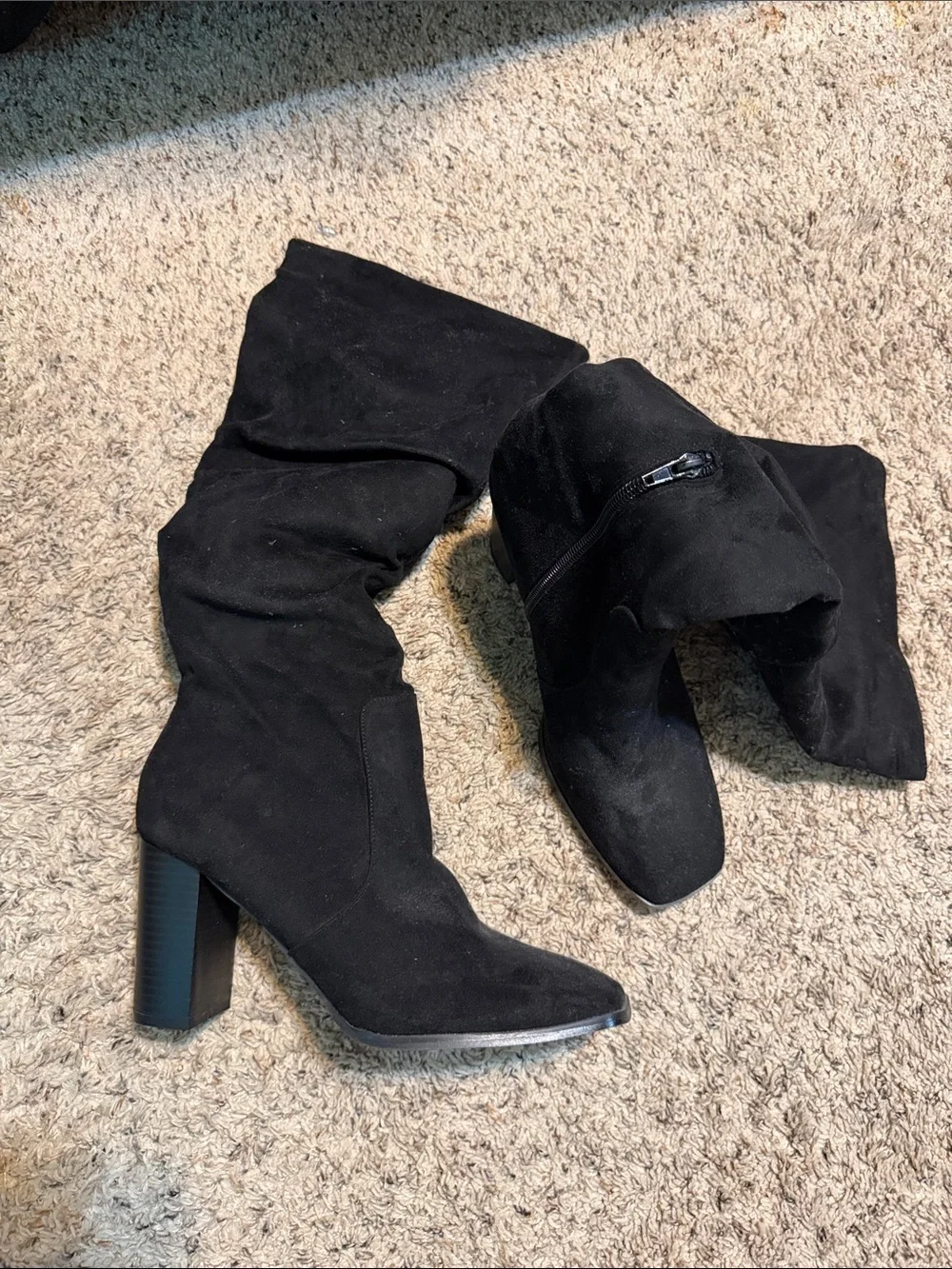 Black Suede Knee-High Block Heel Boots